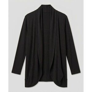 Black Open Front Draped Cardigan - 3/4 Sleeve Lightweight Stretchy Wrap - Pocket